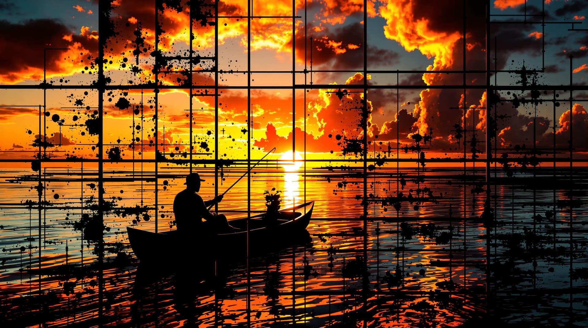 AI generated: expressionism where fragmented geometric compositions create a grid-like framework containing clean,...