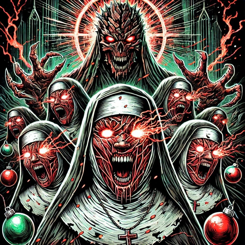 AI generated: A chaotic and dynamic Christmas horror scene set in a dense pine forest at night, illuminated by war...