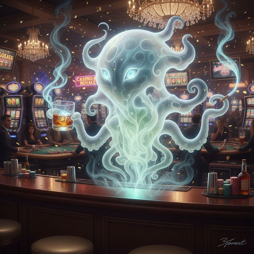 AI generated: this half ghost half canonigo goes to Vegas for a crazy party in the casino floor. he likes whisky a...