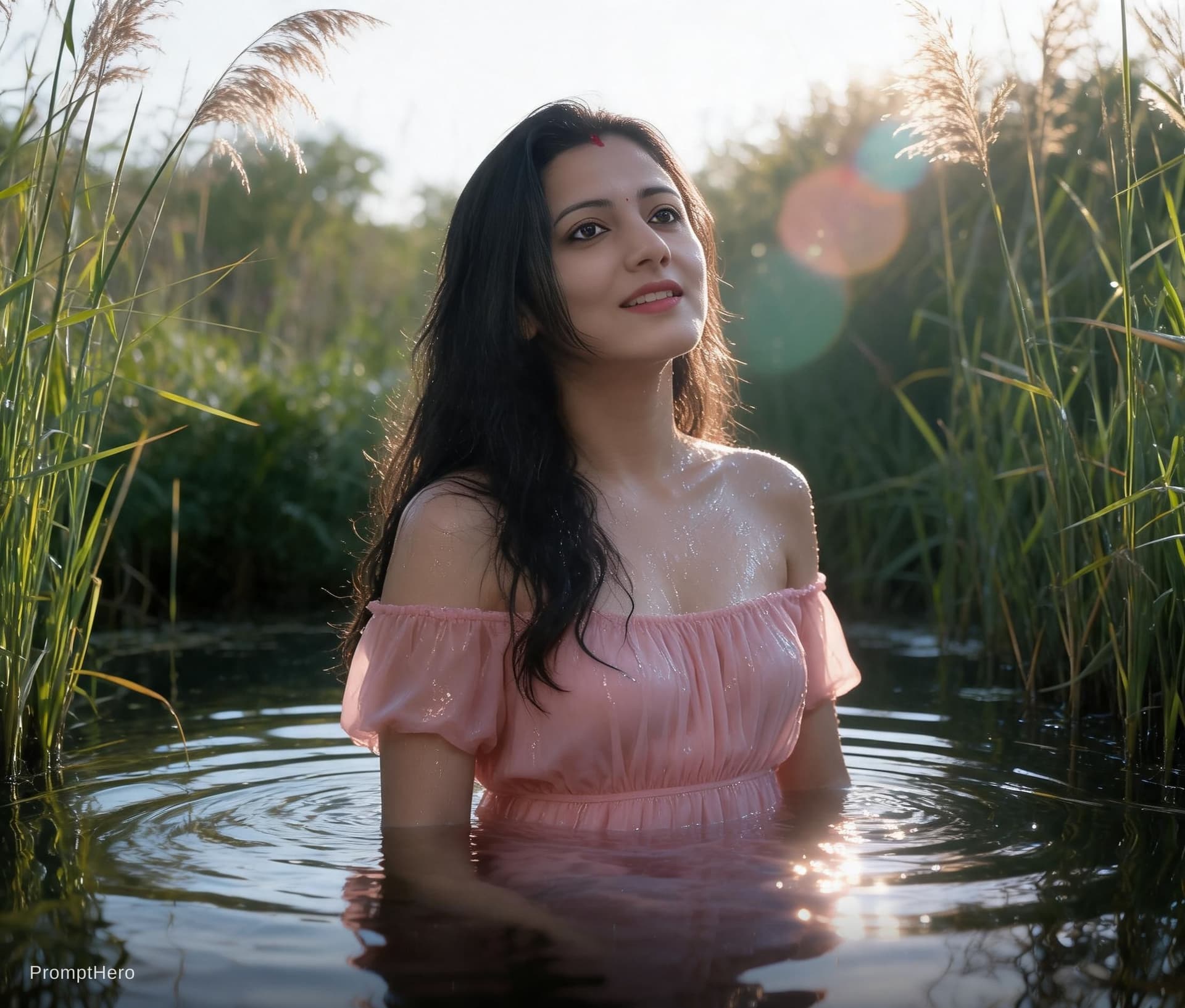 AI generated: A fit adult woman with long dark hair stands waist-deep in calm, reflective water surrounded by tall...