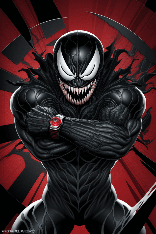 AI generated: Venom transforms into a watch with the design and character of Venom. The watch is Black and red, wi...