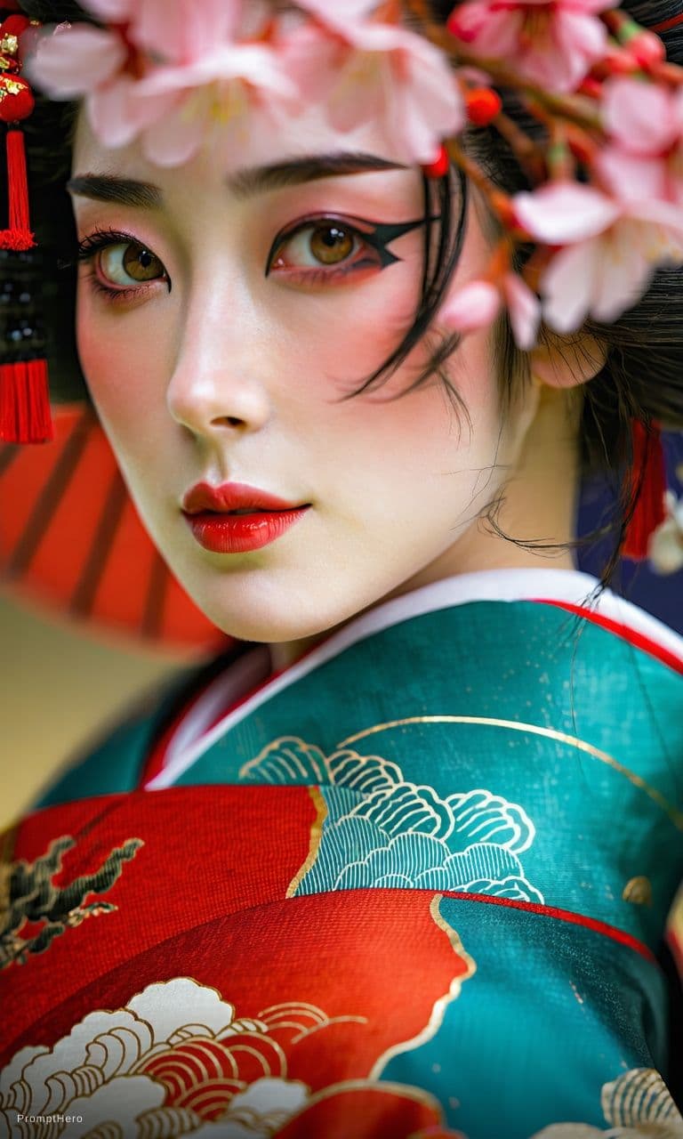 AI generated: Beautiful Japanese woman, porcelain skin, flawless and radiant, ethereal beauty, monolid eyes dark a...