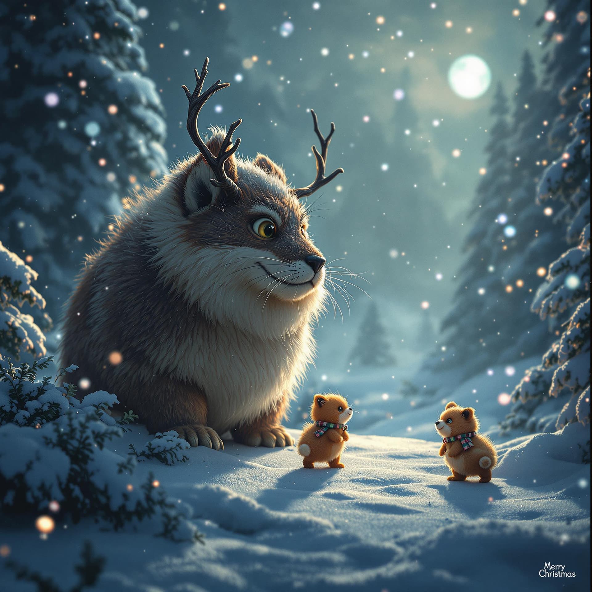 AI generated: merry christmas Movie poster, Cover for rock track, animals from cartoons, dramatic light, Mystical ...