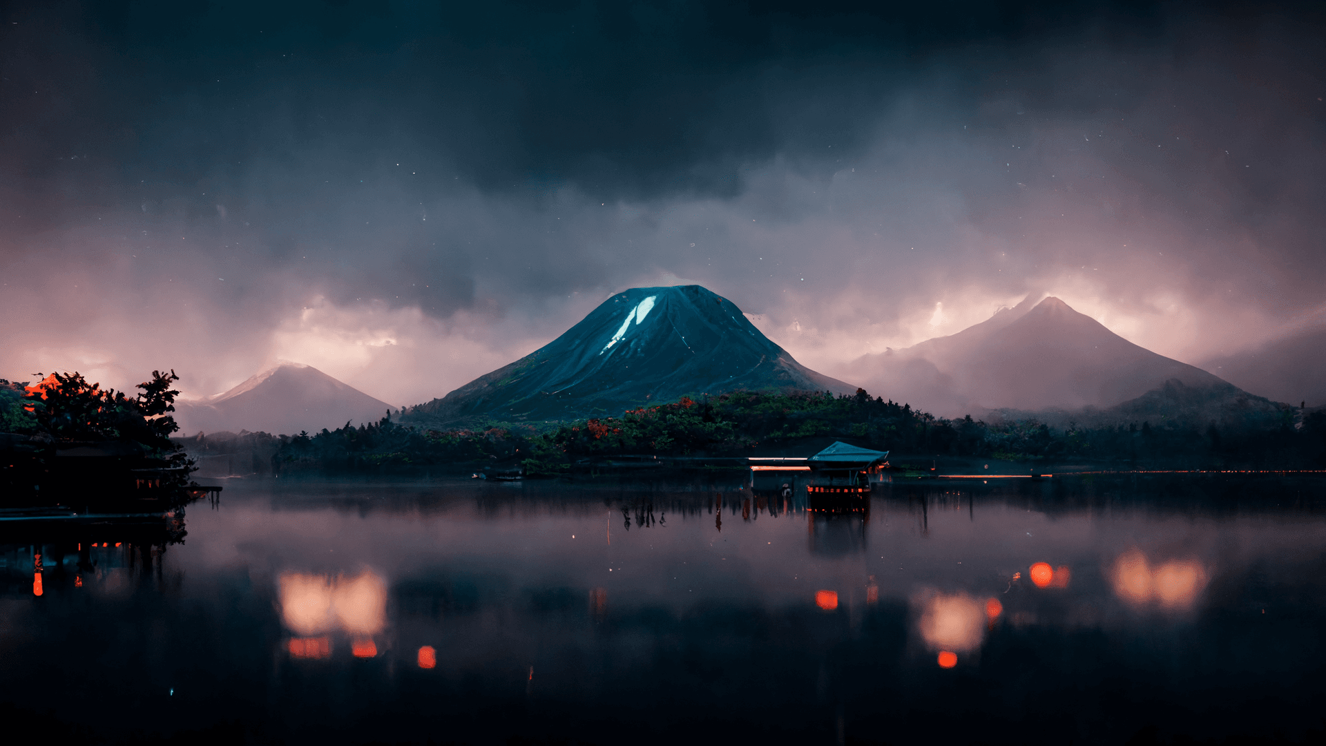 AI generated: hokkaido lake at night with mountain in the background, vibrant, cinematic, 8k, rain, hyperrealistic...