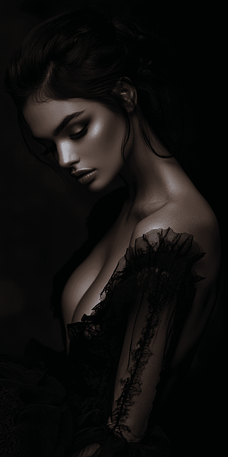 AI generated: A dramatic, cinematic portrait of a beautiful woman with dark, voluminous hair styled in an elegant ...