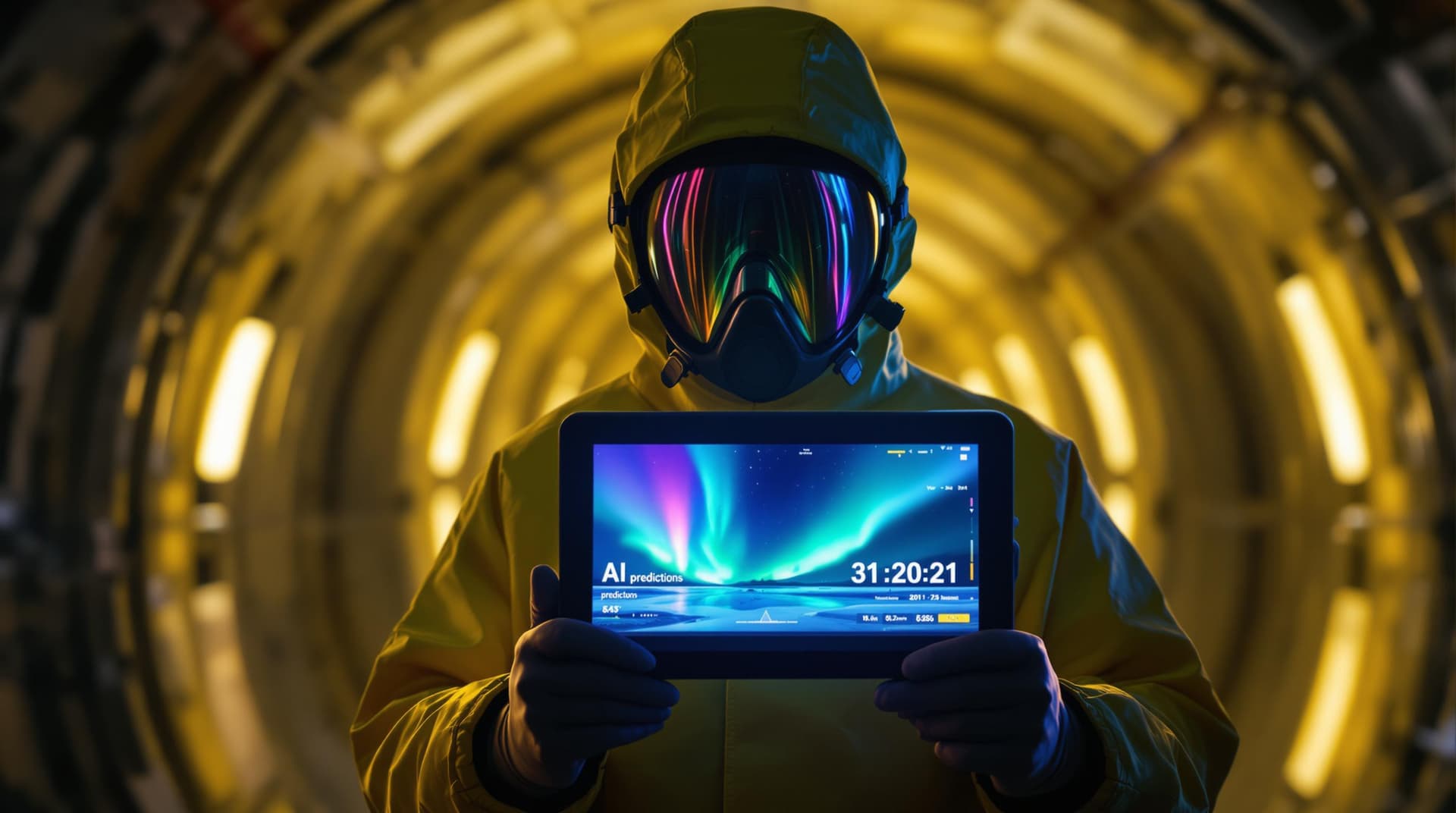 AI generated: Scientist in hazmat suit holding a tablet with AI predictions, face obscured, Aurora Borealis reflec...