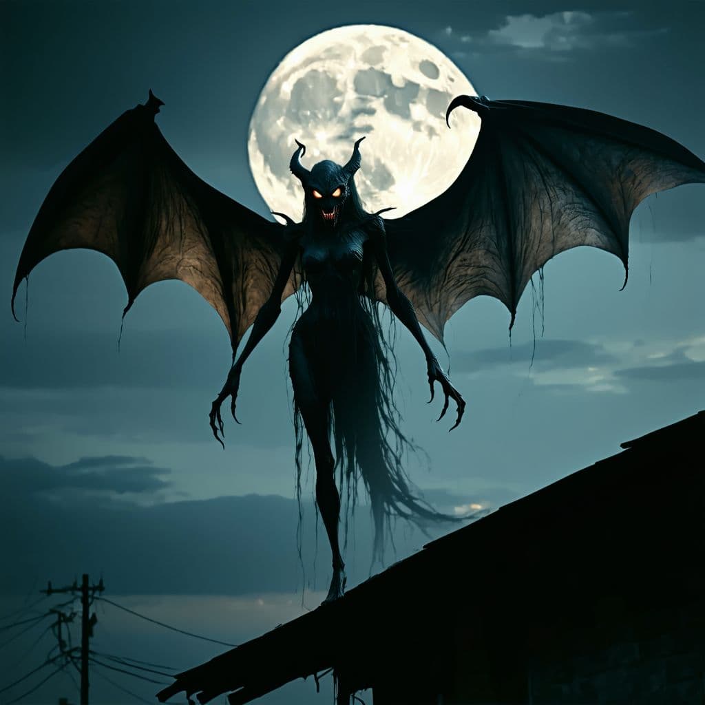 AI generated: Manananggal, female half-body (no lower body part) monster with bat-like wings and fangs, flying nea...
