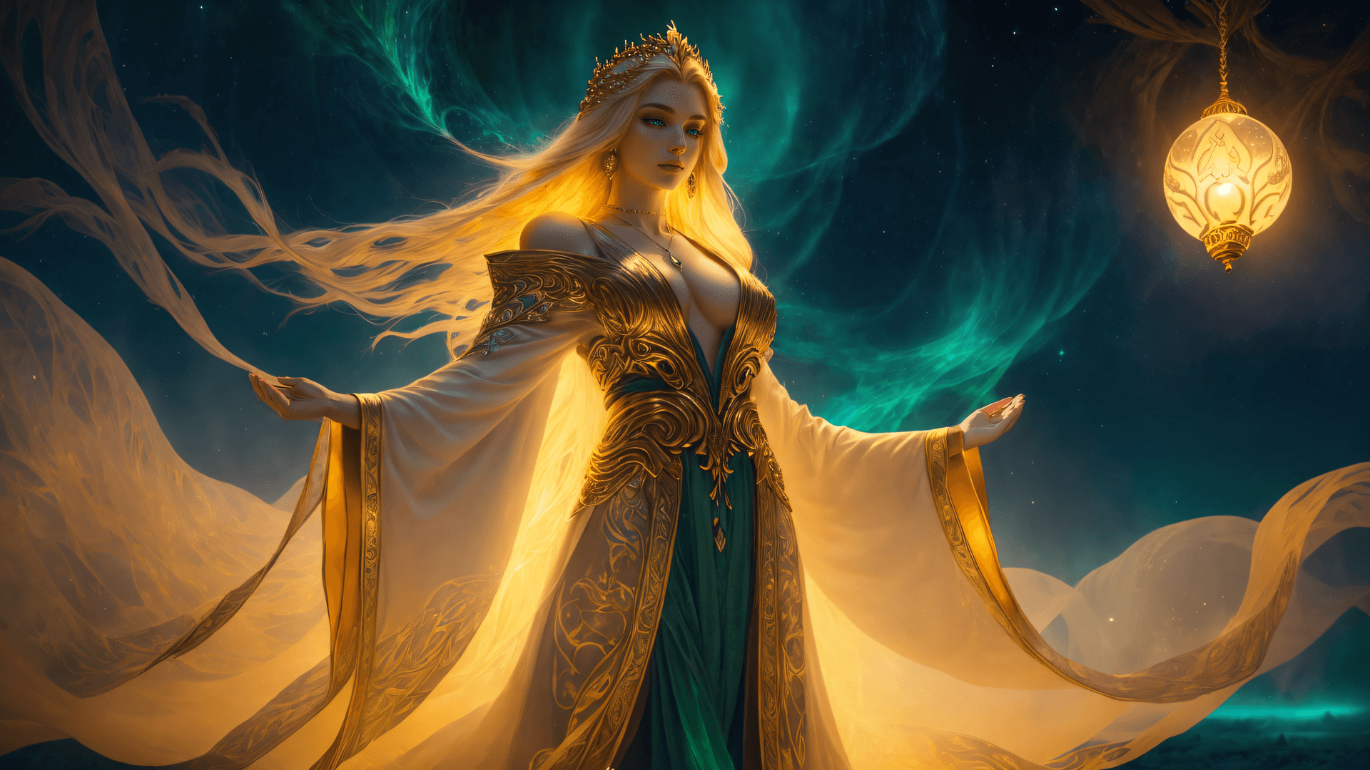 AI generated: A breathtaking, ethereal blonde sorceress with mesmerizing emerald-green eyes, standing in a grand, ...
