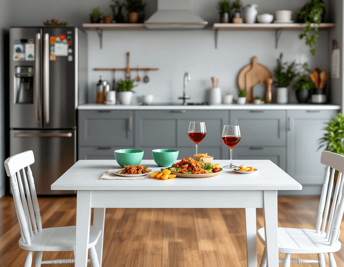AI generated: A modern minimalistic grey kitchen with stainless steel appliances and wooden floor, a rectangular w...