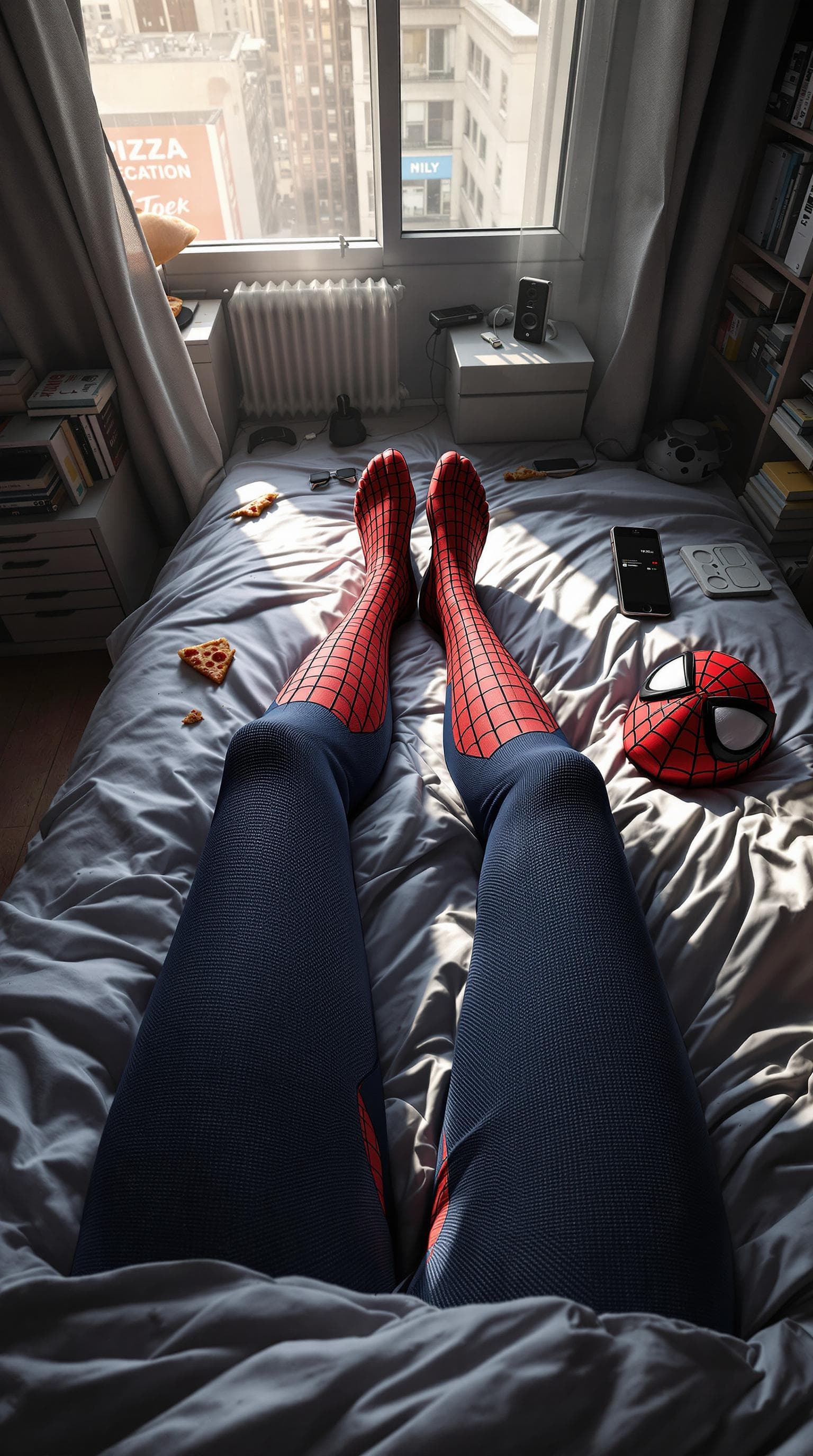 AI generated: "A first-person perspective of Spider-Man waking up in his small New York apartment. His legs, fully...