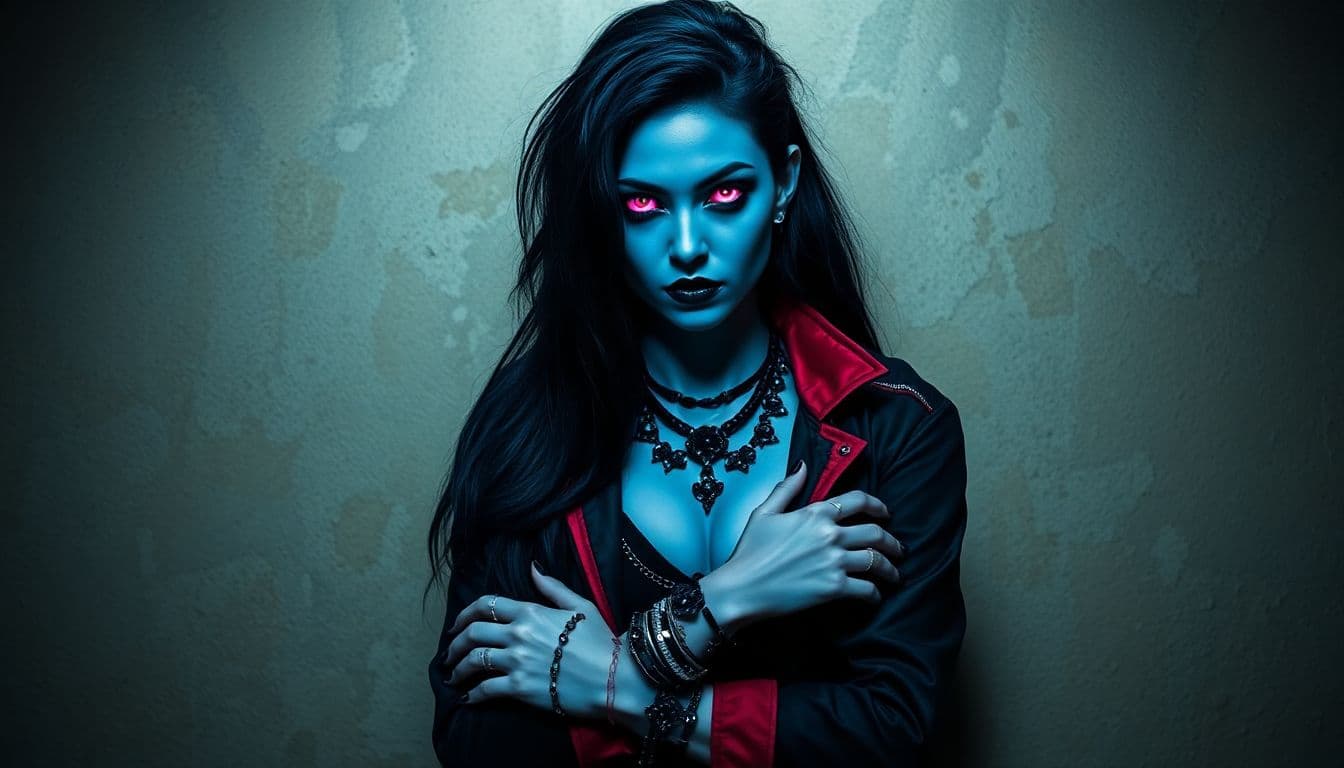 AI generated: a fantasy woman with a dark and mysterious appearance, standing in front of a worn and weathered wal...