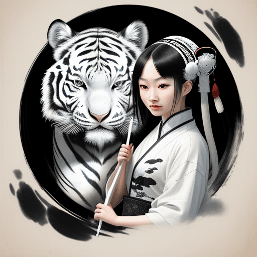 AI generated: White Tiger and a girl with obvious Chinese facial features, traditional Chinese ink style, Chinese ...
