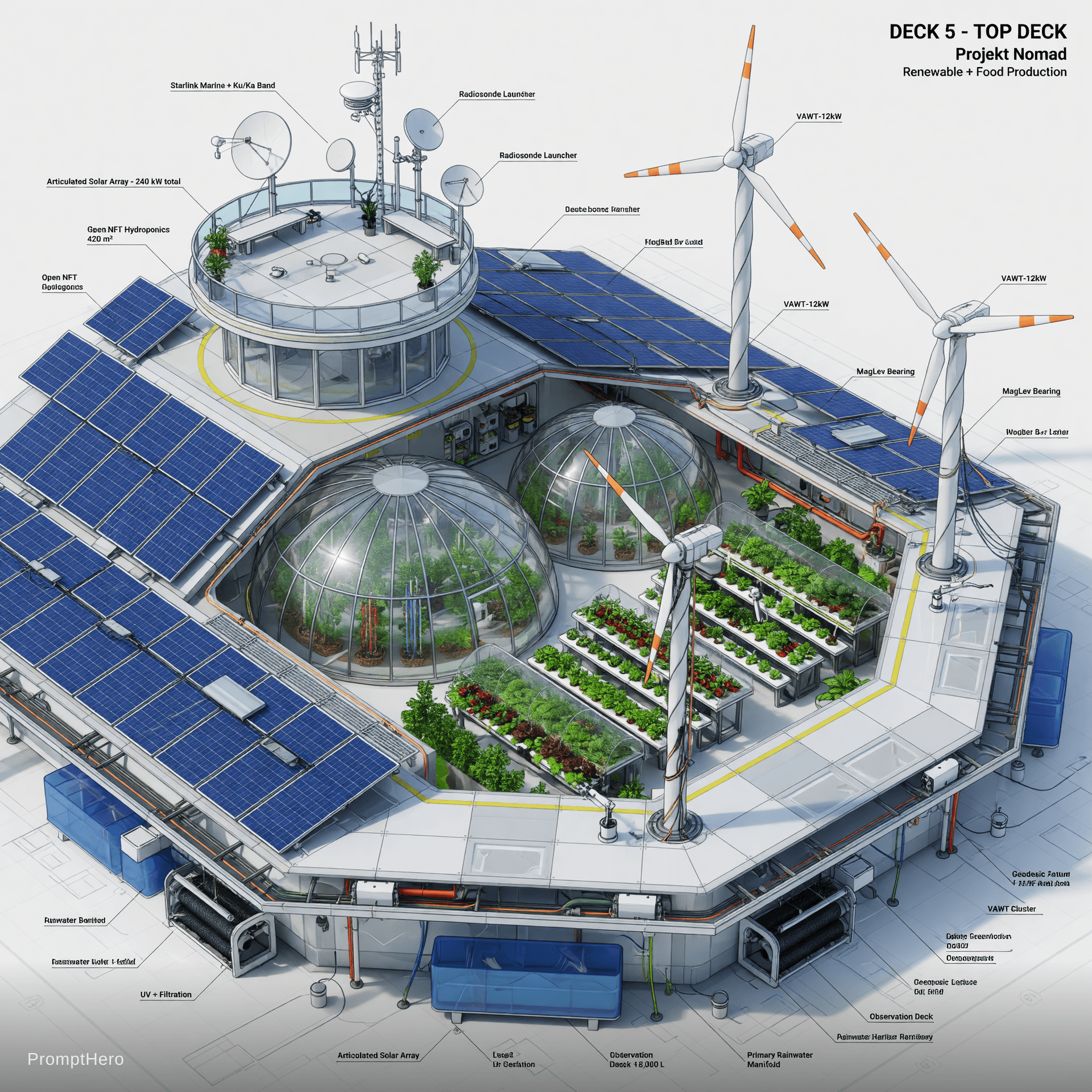 AI generated: Highly detailed technical cutaway isometric view of Deck 5 (Top Deck) of Projekt Nomad, clean engine...