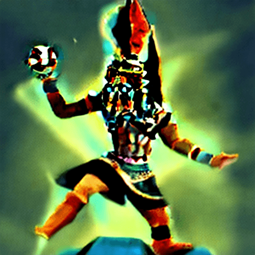 AI generated: egyptian god horus plays soccer and marks a goal