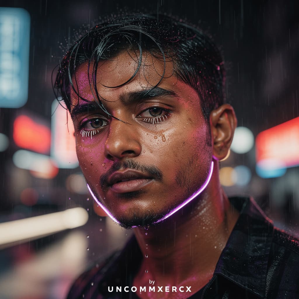 AI generated: A cinematic, photorealistic close-up portrait of an Indian man in the rain at night, neon lights ref...