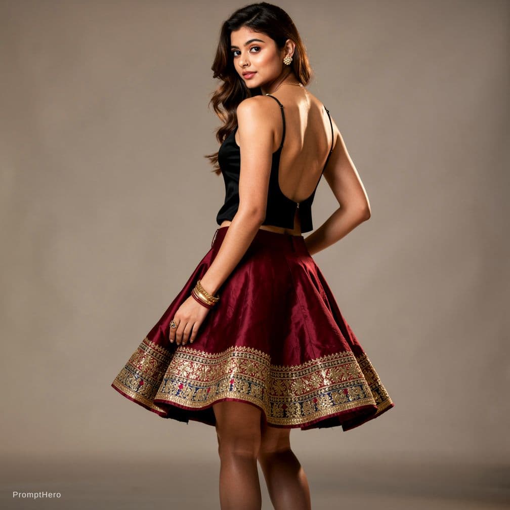 AI generated: A women who wear only black short backless blouse and short ghaghra 