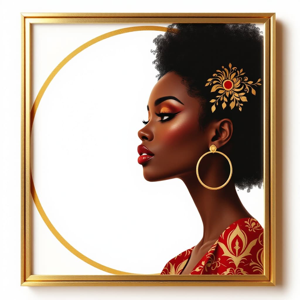 AI generated: A BEAUTIFUL ART DECO AFRO AMERICAN LADY WITH DARK BROWN SKIN ON A FILIGREE ART DECO GOLD AND RED BAC...