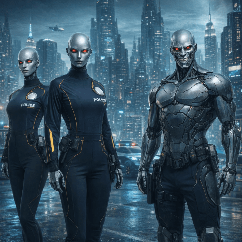 AI generated: Create an image of four futuristic Ailfs, reference images three and four, male and female, as Polic...