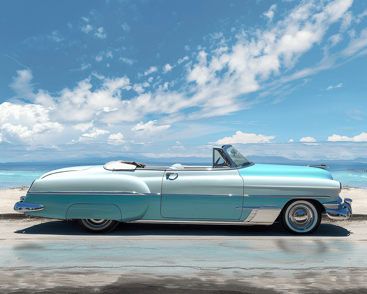 AI generated: 1950 chevy charles dellarosa convertible by moe cline, photograph lisa giv , in the style of 1960s, ...