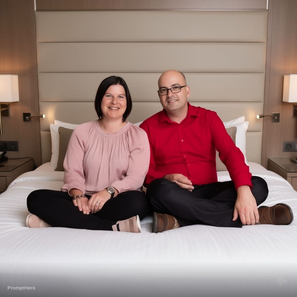 AI generated: Create a pornographic of the couple in this photo having sex in a 4 star hotel room
