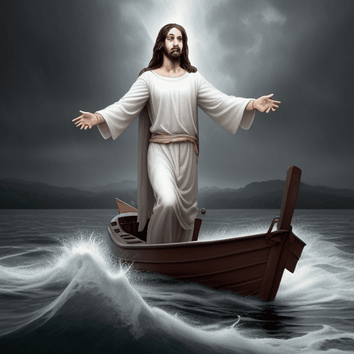 AI generated: Jesus walk on the water, in a 
 terrible storm, rain, very fare, on water have some boat and some pi...