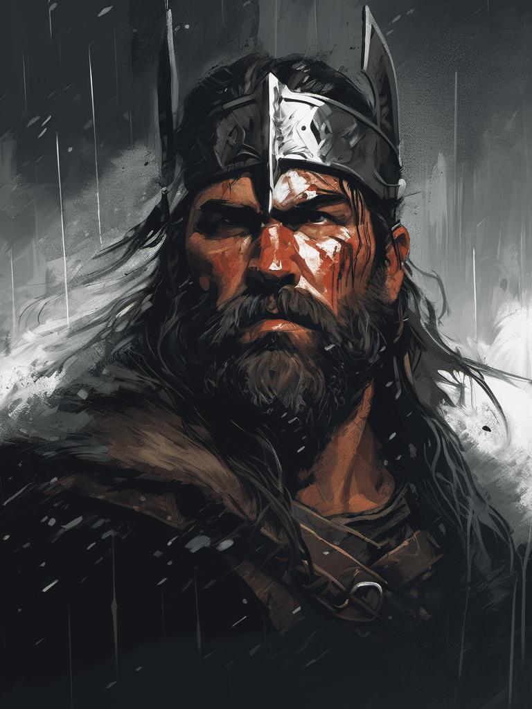 AI generated: portrait of a brutal warrior, rainy, epic composition, emotionally profound, symbaroum, digital pain...