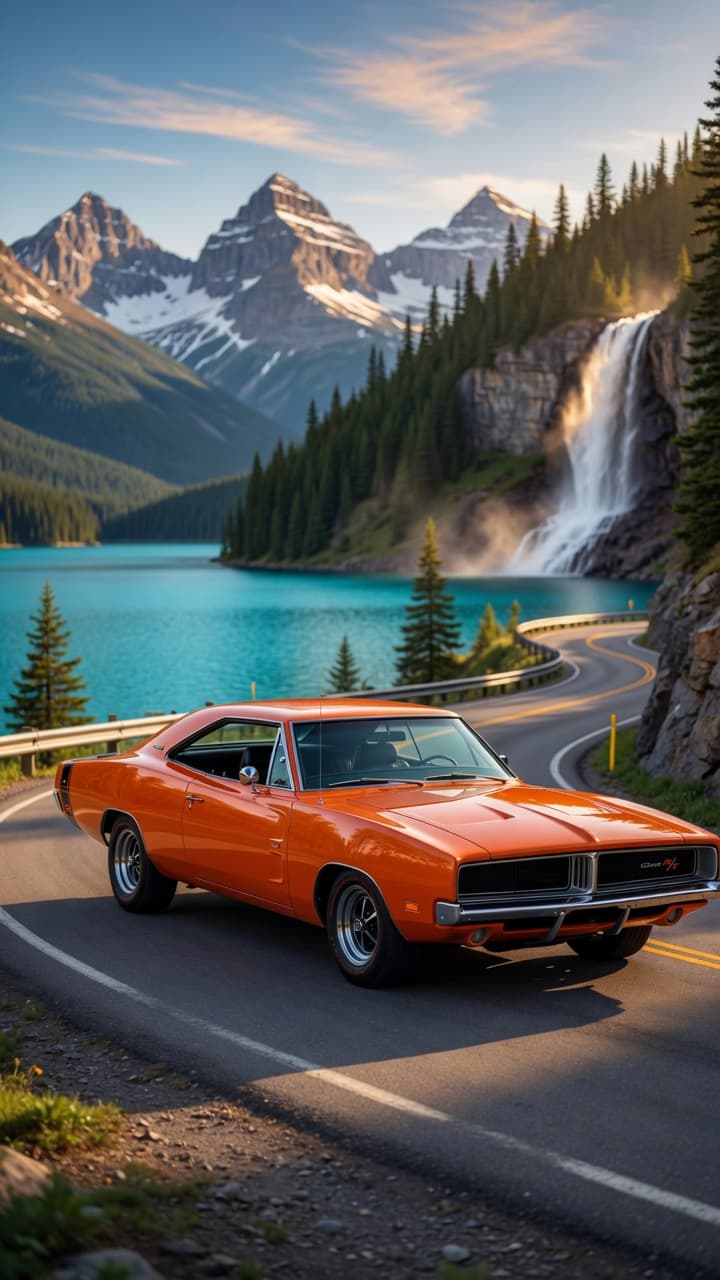 AI generated: Photorealistic cinematic photograph of a vibrant, glossy orange 1969 Dodge Charger R/T muscle car sp...