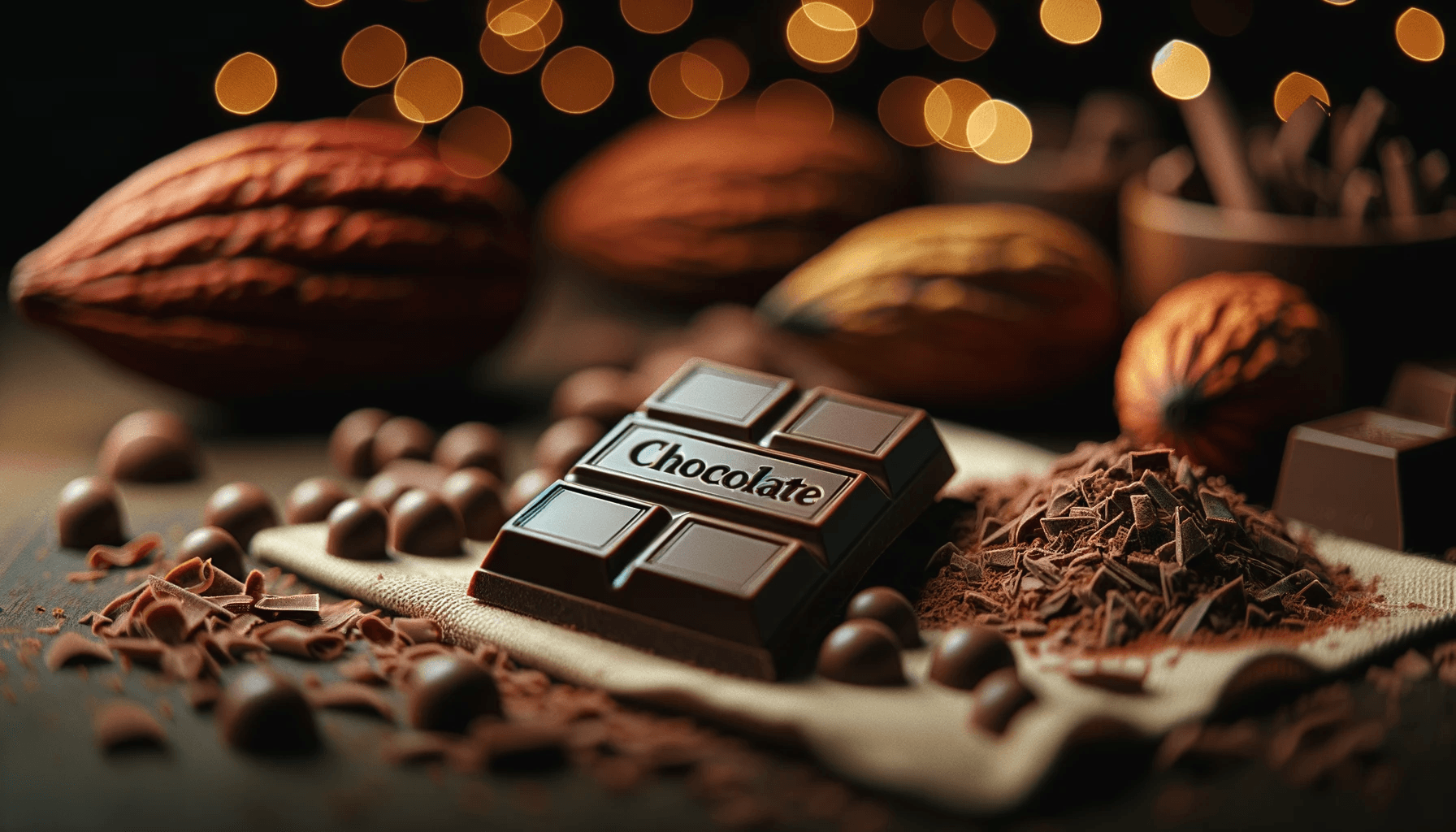 AI generated: A product photography shot in a wide format highlighting a milk chocolate bar. The word 'CHOCOLATE' ...