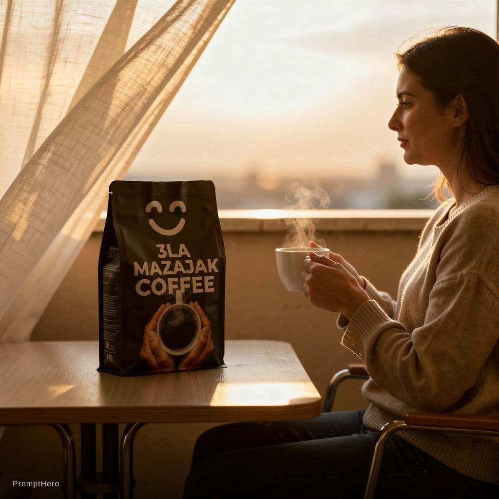 AI generated: Balcony at sunrise, soft breeze moving curtain, person sitting quietly with cup of coffee, package v...