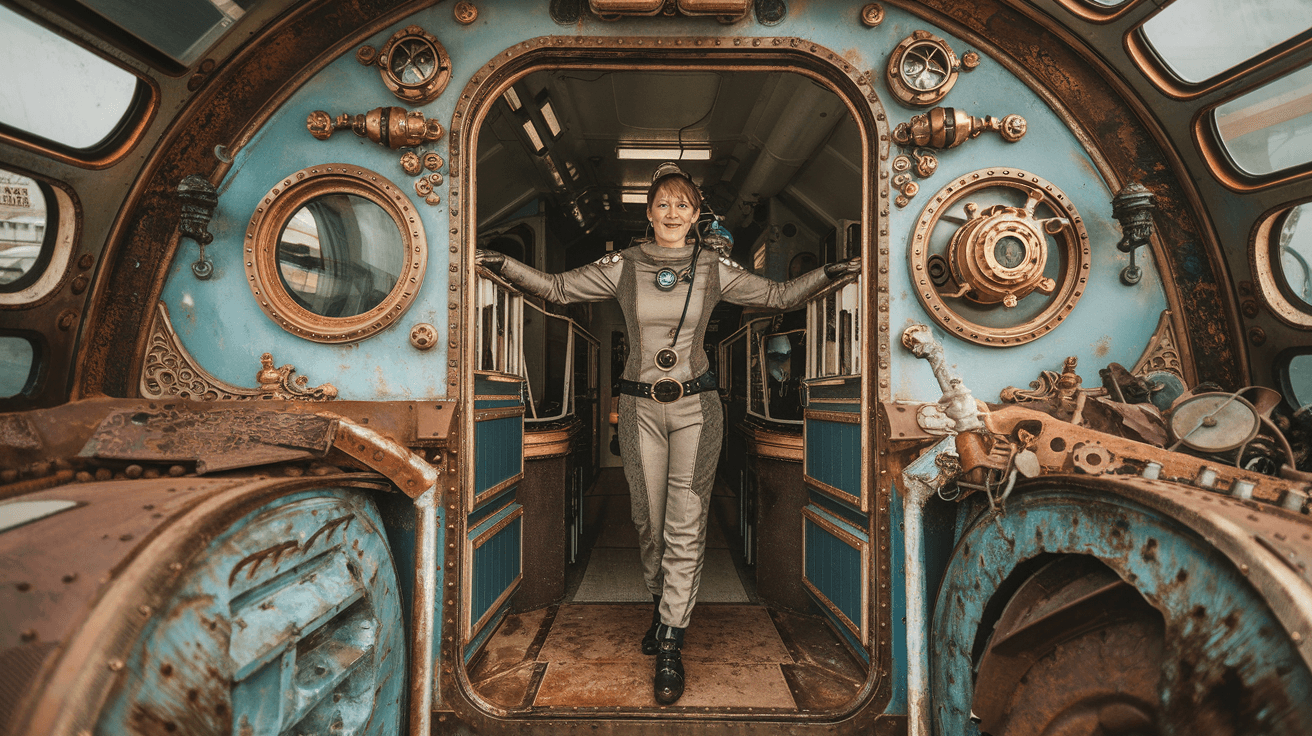 AI generated: a realistic photo of a 45-year-old woman in steampunk spacesuit in an old steampunk spaceship window...