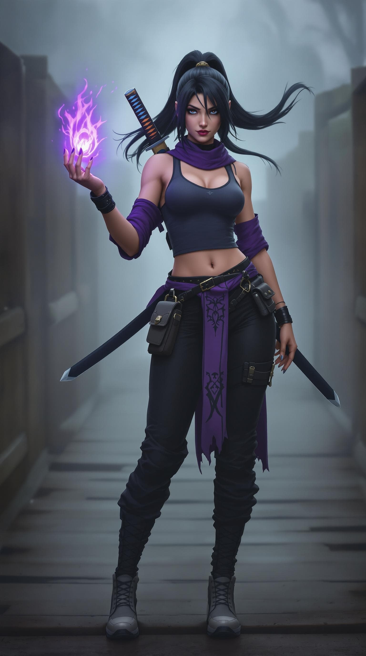AI generated: a strong, dynamic female dressed in a stylish, urban outfit. She has long, flowing black hair pulled...