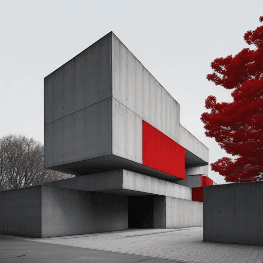 AI generated: facade, modern architecture, brutalism, monolithic concrete, very graphic, local coloured parts, red...