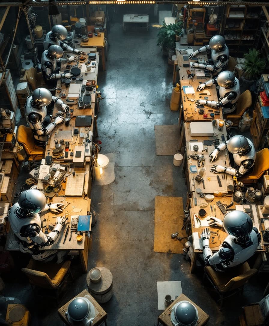AI generated: A highly detailed cinematic overhead shot capturing a workshop with multiple workstations. At each w...