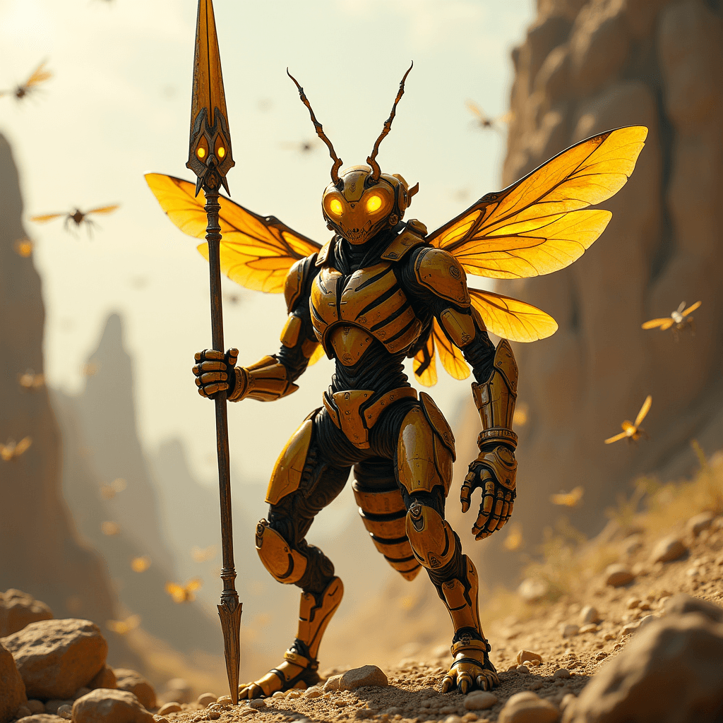 AI generated: "A fierce bee warrior from a sentient insectoid race â humanoid in form but with detailed bee-like...