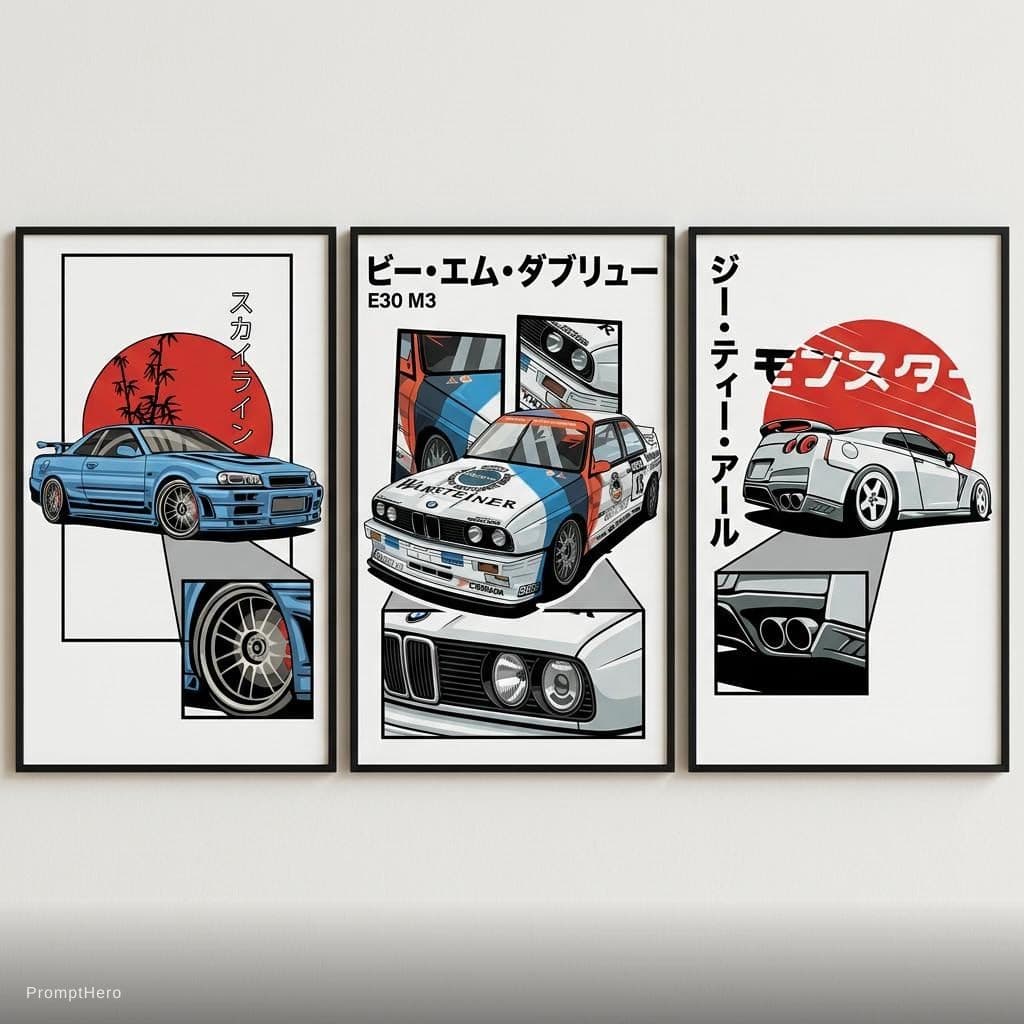 AI generated: Left side japnese name of car bottom left detail of car and printable poster 3 different images 