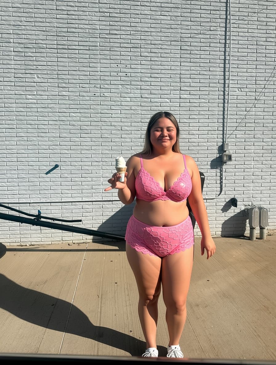 AI generated: Can you give here a pink lace Victoria secret lingerie set and Can you remove her bra and leave her ...