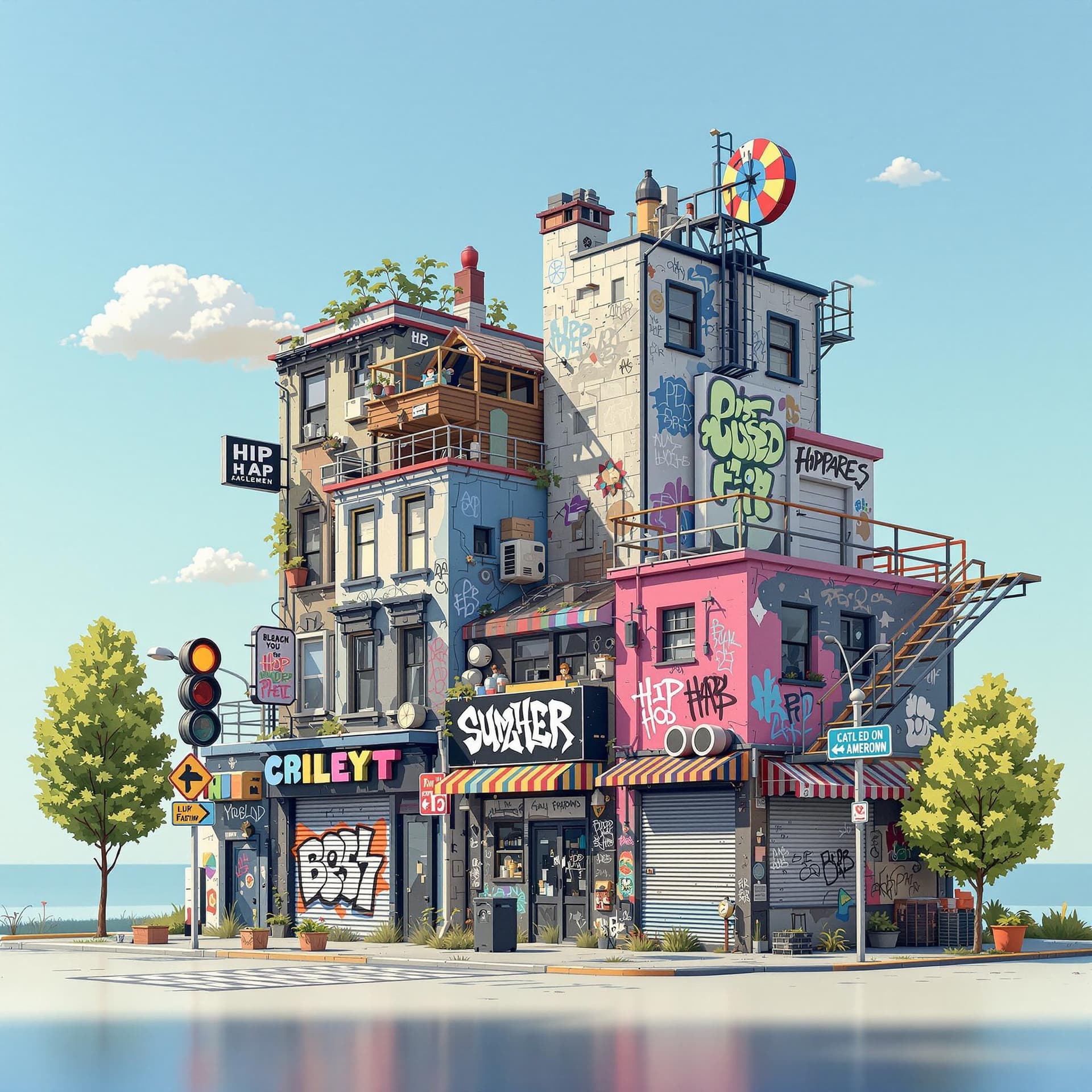 AI generated: 3d illustration hip hop urban buildings and with a little graffiti walls