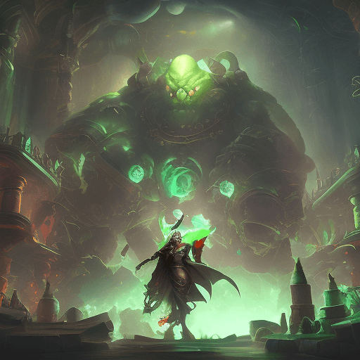 AI generated: dark chemist laboratory league of legends splash art, green gold and black highlights, ghibli, drama...