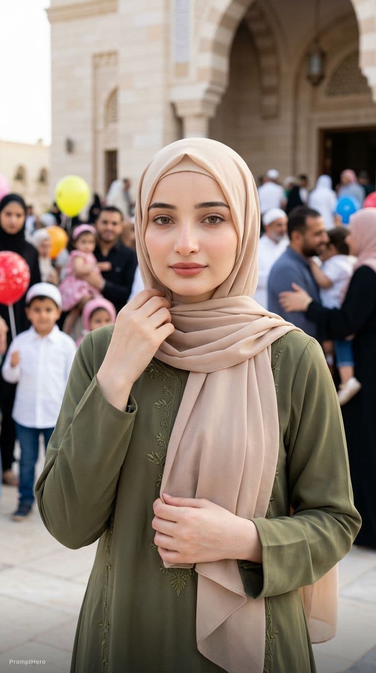 AI generated: A stunning 8K cinematic close-up portrait of a modest Egyptian girl standing outside a mosque after ...