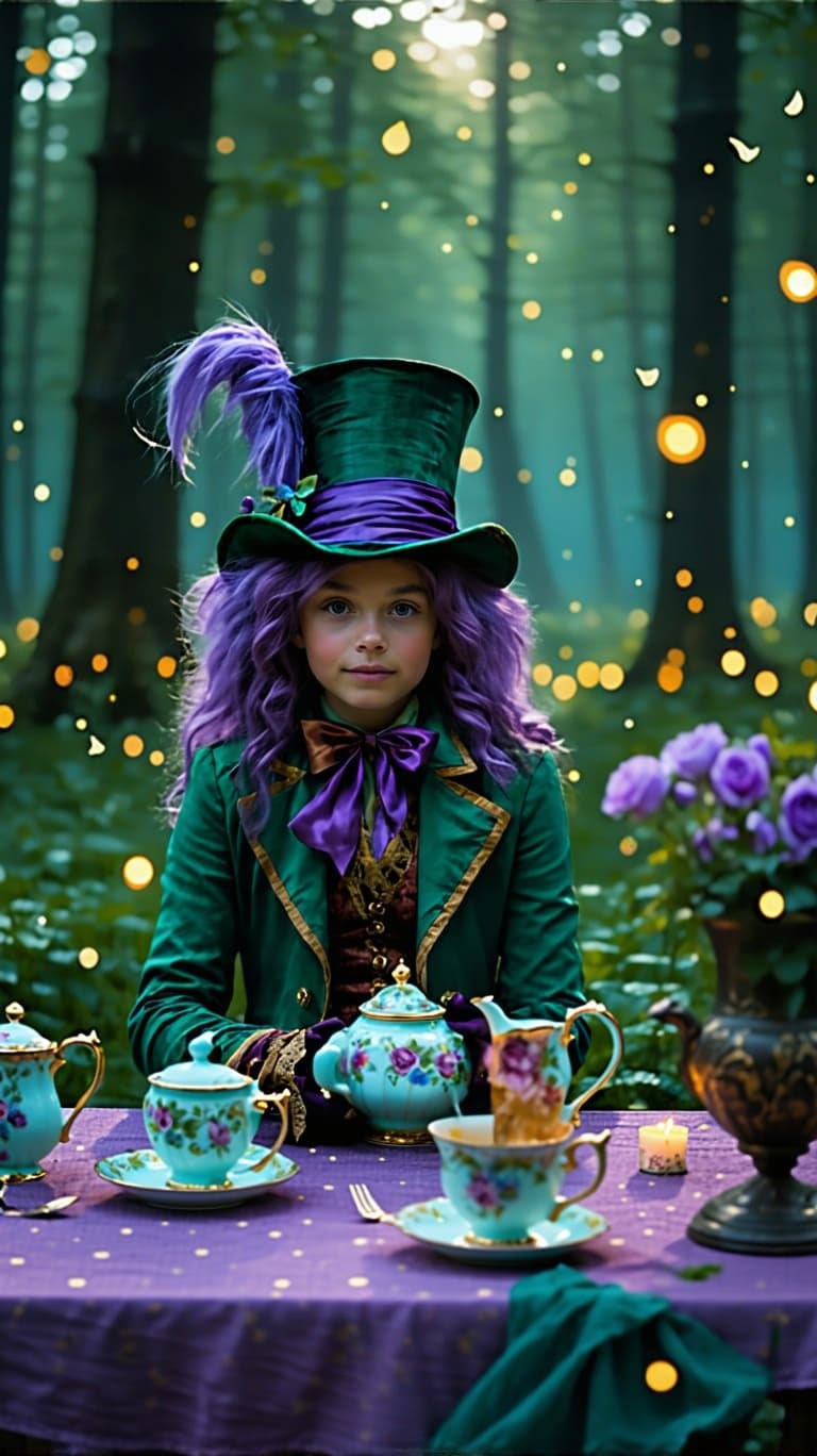 AI generated: a professional photo of a realistic of a pretty tween Millie Davis dressed as the Mad Hatter is sitt...