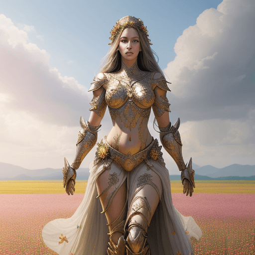 AI generated: hyperrealistic full length portrait of gorgeous goddess | standing in field full of flowers | detail...