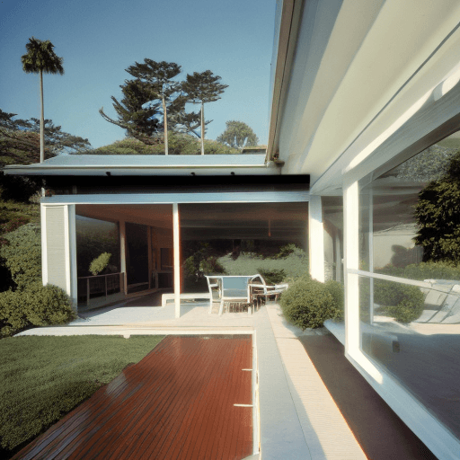 AI generated: Hyper realistic eye level exterior photo of a mid century modern style house overlooking the ocean, ...