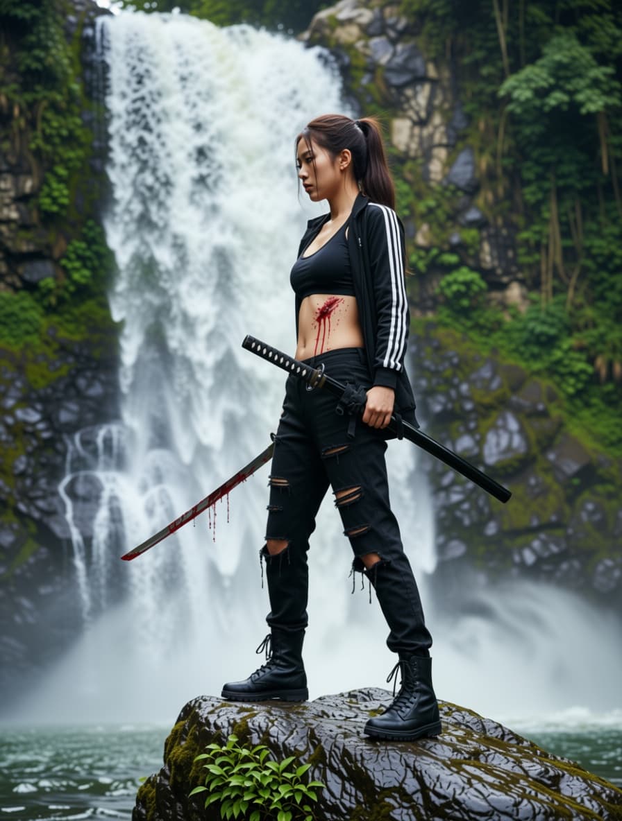 AI generated: Female kuno ichi close up side view, cut and bleeding standing atop a waterfall on a rock, exposed b...