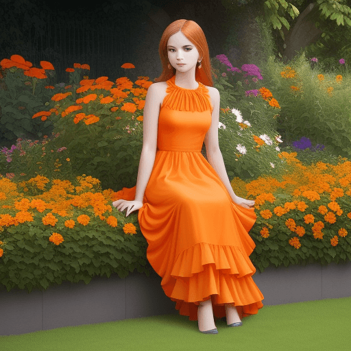 AI generated: beautiful fashion model with orange dress, and sitting on orange flowerbed, --ar 3:4