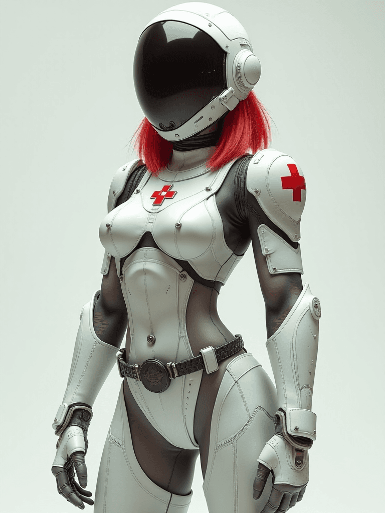AI generated: Adult female with athletic build, shoulder-length red hair, wearing white metal combat armor and a w...