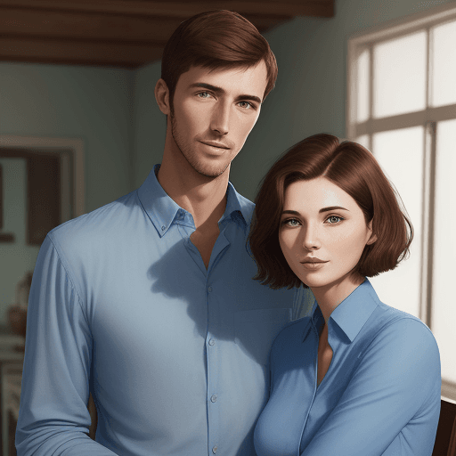 AI generated: portrait, a short-haired, handsome and friendly man in a blue long-sleeved shirt, with a woman, beau...
