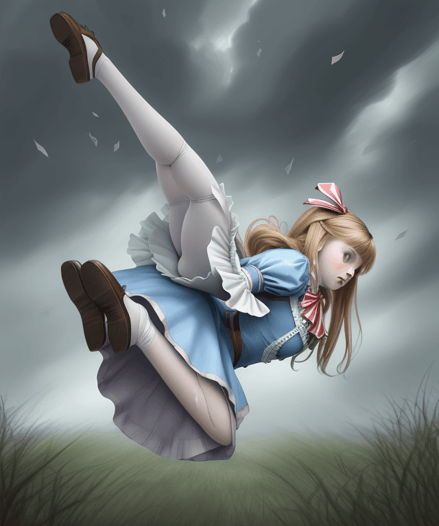 AI generated: realistic drawing 
alice from alice in wonderland falling from the sky 
her body is horizontal

seen...