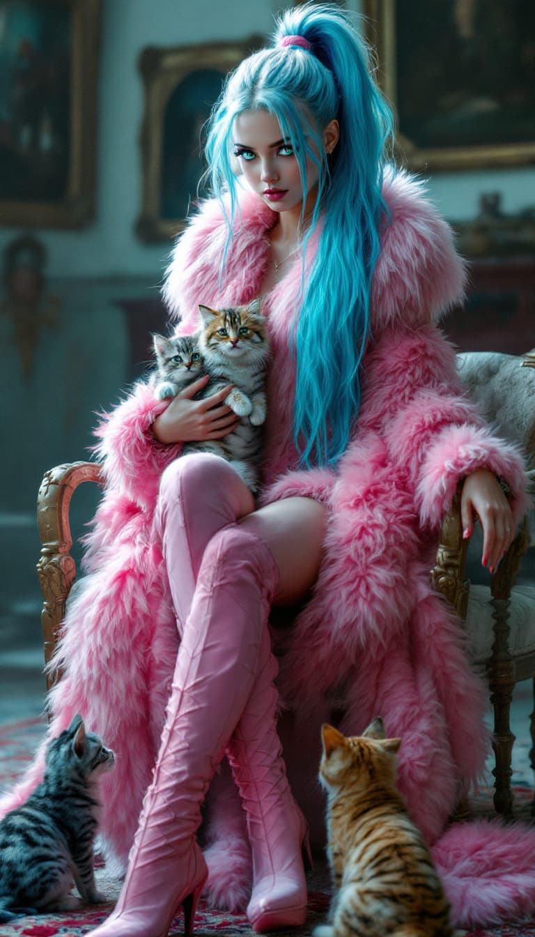 AI generated: Evergarden, full body open furry costume with feet, girl with kittens and ponytail, tiger eyes, extr...