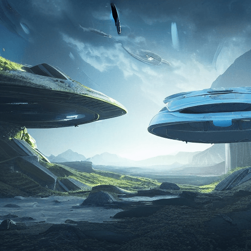 AI generated: beautiful sci-fi monolythes with alien runes in a plain near a river with a small spaceship flying a...