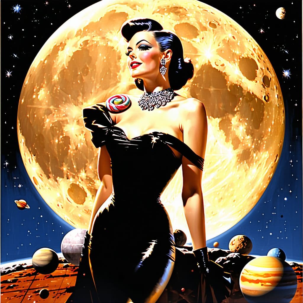 AI generated: a painting of a woman in a dark red dress, heavy metal comic cover art, space theme, pin-up girl, si...